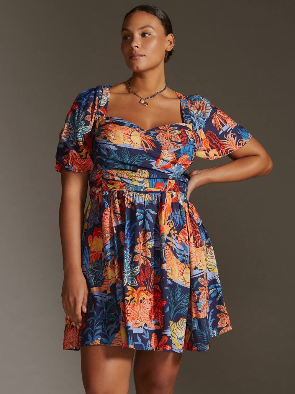 NWT Anthropologie In The Tropics Puff Sleeve Mini Dress Sz L Petite Animal Print